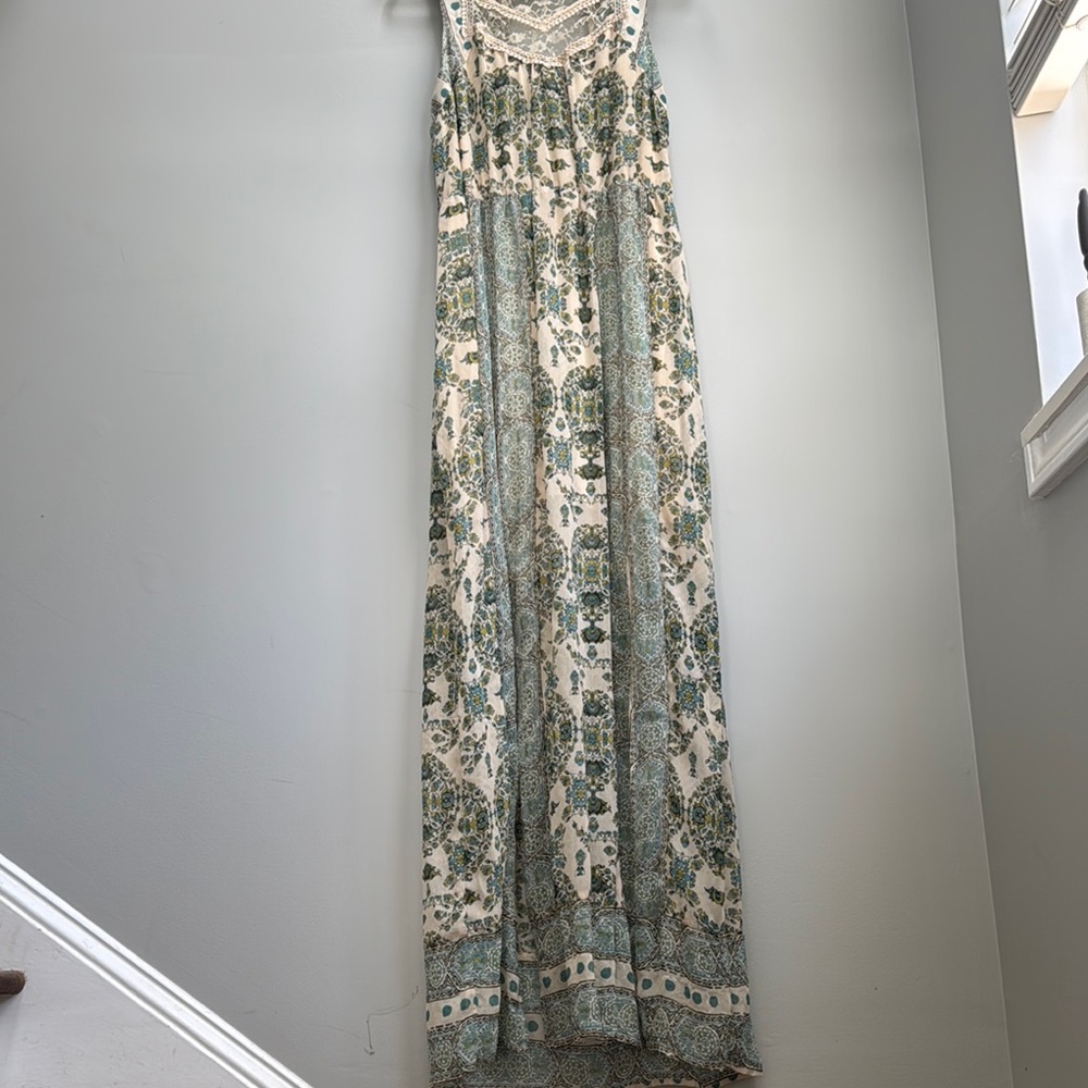 Free People lace front maxi dress double front slit Moroccan cream green print